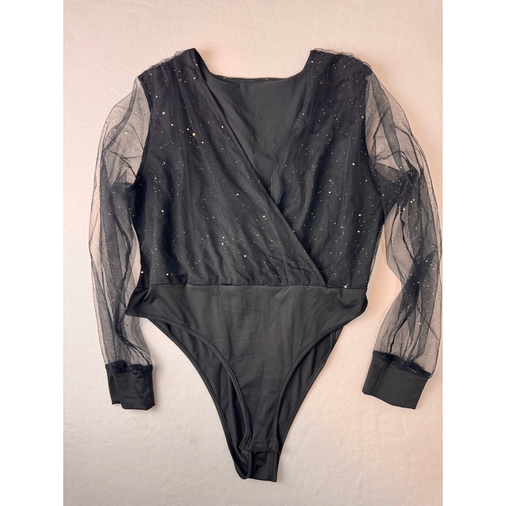 SHEIN Curve Black Glitter Mesh Bodysuit 2XL Goth Y2K Party‎ Coquette